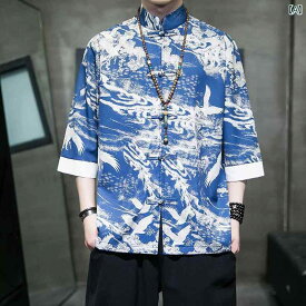 メンズ 紳士服 男性用 トップス シャツ カジュアル チャイナ風 大きいサイズ 夏 レトロ プリント スタンドカラー