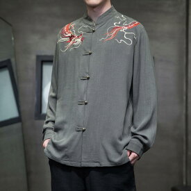 メンズ 紳士服 男性用 トップス シャツ カジュアル チャイナ風 大きいサイズ ゆったり レトロ 長袖 春 刺繍 パターン