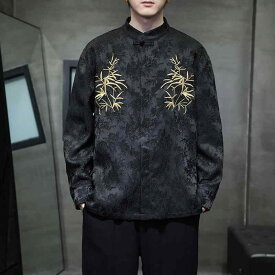 メンズ ファッション トップス カットソー シャツ レトロ チャイナ風 唐装 男性 漢服 カジュアル 長袖 刺繍
