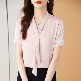 レディース Vネック シャツ ブラウス ファッション 韓国 夏 半袖 トップス 薄手 スカート 大きいサイズ エレガント おしゃれ シンプル モダン 上品 高級感