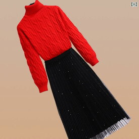 レディース ファッション カレッジ ガーリー ライト 高級 スリム 女性 初秋 プルオーバー タートルネック セーター スカート