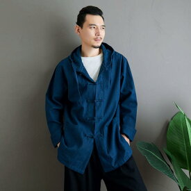 メンズ ファッション トップス ジャケット シャツ レトロ フード付き チャイナ風 唐装 男性 漢服 カジュアル 長袖 薄手 秋