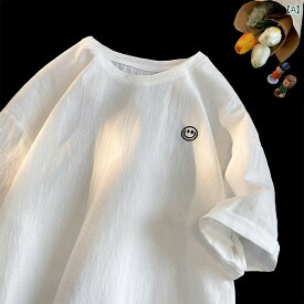 Tシャツ ナショナル リネン シャツ メンズ 半袖 夏 スマイリーフェイス 刺繍 カジュアル 和風 レトロ ゆったり 大きいサイズ 五分袖
