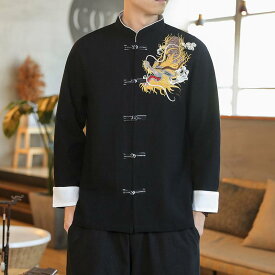 唐 スーツ メンズ ファッション 長袖 レトロ ボタン ドラゴン パターン 刺繍 シャツ 綿 リネン チャイニーズ スタイル 春秋 大きいサイズ スタンドカラー 中国 都会的