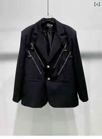 メンズ ファッション 黒 ジャケット スタイル ダブル ジッパー ショルダーパッド カジュアル 斜めジッパー 2つボタン