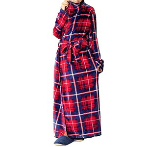 アイリスプラザ fondan 着る毛布 ポケット・ベルト付 特製BOX入り Mサイズ 着丈150cm チェック柄 レッド/ネイビー 静電気防止 洗える