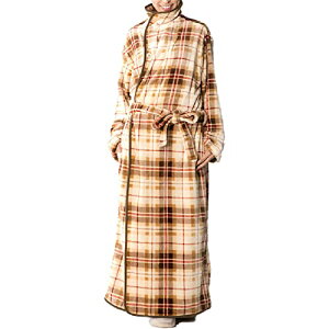 アイリスプラザ fondan 着る毛布 ポケット・ベルト付 特製BOX入り Mサイズ 着丈150cm チェック柄 ベージュ×ブラウン 静電気防止 洗え