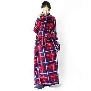アイリスプラザ fondan 着る毛布 ポケット・ベルト付 特製BOX入り Lサイズ 着丈170cm チェック柄 レッド/ネイビー 静電気防止 洗える