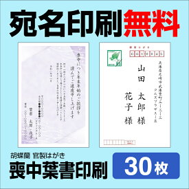 喪中はがき 30枚 宛名印刷無料 送料無料 差出人印刷 挨拶文変更可能 自由編集 喪中ハガキ印刷 官製はがき 胡蝶蘭官製はがき 印刷 寒中見舞い 年賀欠礼はがき 喪中ハガキ おしゃれ メール便送料無料　年賀状ソフト不要
