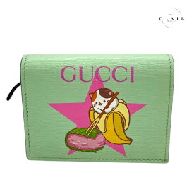 【中古】グッチ 折り財布 コンパクトウォレット ばなにゃ 桜餅 グリーン系 猫 ねこ ねこキャラ レディース Gucci