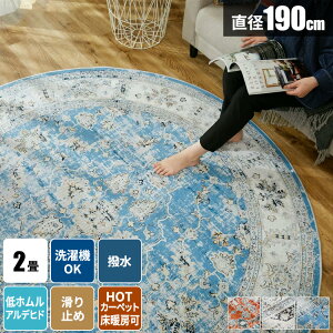 【すぐ使える300円クーポン配布中】【レビュー特典付き】ラグ 洗える 円形 190cm ヴィンテージ風 オリエンタル 2畳 ペルシャ風 ペルシャ絨毯風 毛足が短い おしゃれ メダリオン 洗濯機で洗濯