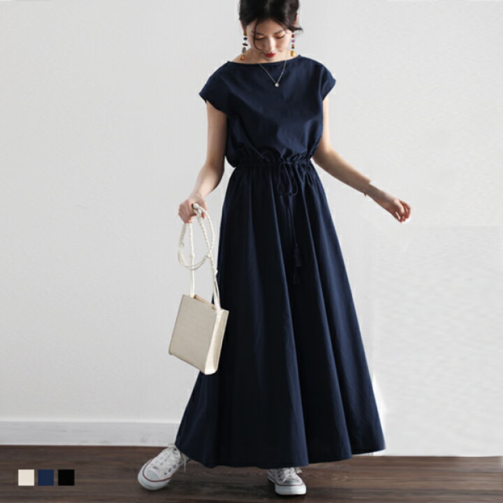 楽天市場 送料無料 さらさら 涼しい ワンピース フレンチスリーブ ウエストゴム 綿100 コットン レディース ロング マキシ Aライン ウエストシャーリング ロングワンピース 夏 大きいサイズ Xl Xxl ブラウジング スカート Cla Classical Elf クラシカルエルフ