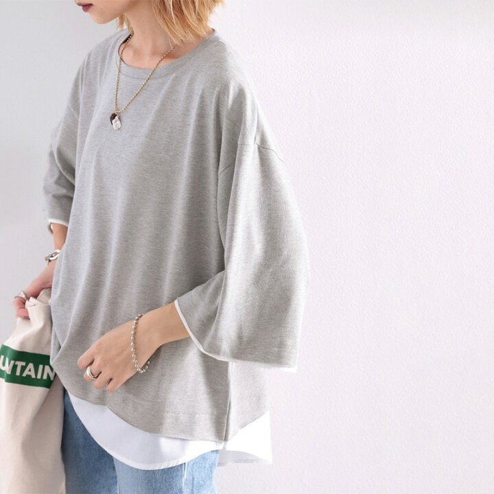 レイヤード風 Tシャツ カットソー シャツ シンプル ストライプ フェイクレイヤード レディース 体型カバー 半袖 夏 春 激安商品 レディース