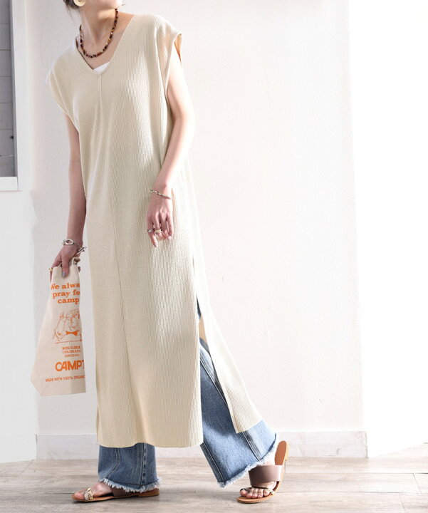 楽天市場 送料無料 レディース ワンピース ロング きれいめ トップス 着痩せ ノースリーブ 大きいサイズ 小さいサイズ ハイブリット サイドスリット Vネック ランダムクレープ 吸水速乾 Uvカット セットアップ モカ ベージュ 黒 S M L Xl 春 夏 22ss クラシカルエルフ