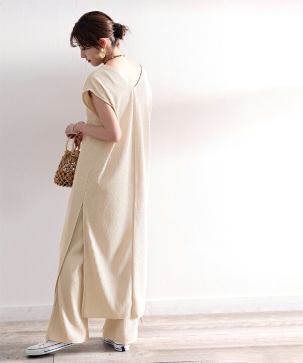 楽天市場 送料無料 レディース ワンピース ロング きれいめ トップス 着痩せ ノースリーブ 大きいサイズ 小さいサイズ ハイブリット サイドスリット Vネック ランダムクレープ 吸水速乾 Uvカット セットアップ モカ ベージュ 黒 S M L Xl 春 夏 22ss クラシカルエルフ