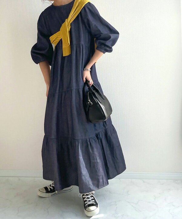 楽天市場 送料無料 ワンピース レディース マキシワンピース デニム ロング 長め 前後2way リラックス Aライン 綿100 ゆったり 体型カバー カジュアル ティアード ティアードワンピース レディース ネイビー M L Xl 春 夏 22ss クラシカルエルフ Ce