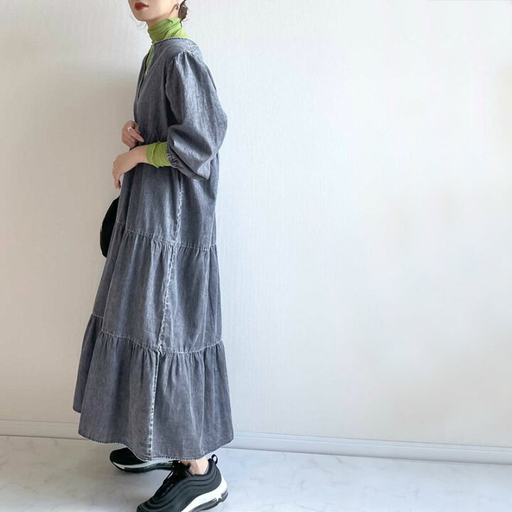 楽天市場 送料無料 ワンピース レディース マキシワンピース デニム ロング 長め 前後2way リラックス Aライン 綿100 ゆったり 体型カバー カジュアル ティアード ティアードワンピース レディース ネイビー M L Xl 春 夏 22ss クラシカルエルフ Ce