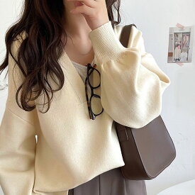 【 クラシカルエルフ classical elf 】 トップス ニット レディース もちもち 深め V ネック ジャガード 編み リブ 切替 セーター 長袖 ゆるっと オーバーサイズ ぽわん袖 レイヤードコーデ 大きいサイズ 秋 冬 クラシカルエルフ ce1350001