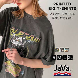 《java ジャバコラボ》 tシャツ レディース 半袖 トレンド 猫 モチーフ 綿 100％ ヴィンテージ ライク ピグメント プリント ビッグTee ユニセックス メンズ 大きいサイズ 春 夏 2025ss クラシカルエルフ jv1029115