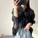 【 クラシカルエルフ classical elf 】 レディース トップス ブラウス シャツ リボンタイ付き シアーブラウス 長袖 大人 優雅 高級感 透け感 皺加工 カジュアル 綺麗め 大きいサイズ 春 夏 2025ss ce1020224