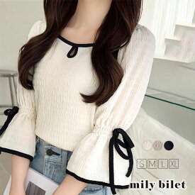 【 4/15限定 5000円以上で使える 1000円OFF クーポン 】 【mily bilet】 tシャツ レディース 半袖 トップス カットソージャガード 袖リボンカットソー プルオーバー シャーリング キャンディースリーブ 大きいサイズ 春 夏 2025SS クラシカルエルフ mi1019090