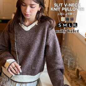 【mily bilet】トップス ニット レディース 長袖 プルオーバー Vネック 長袖 スリット ロゴプレート 上品 可愛く トレンド感 ふんわり 起毛感 スポーティ 配色リブ ゆったりシルエット モヘアタッチ 柔らかい 大きいサイズ 秋 冬 2025aw クラシカルエルフ mi1029156