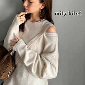 【mily bilet】 ニット レディース 長袖 トップス プルオーバー ふわもち 肩見せ 2WAY アシメデザイン 斜め切り替え 配色ライン ゆったり感 ヘルシー カジュアル きれいめ ガーリー トレンド感 日常使い 大きいサイズ 秋 冬 2025aw クラシカルエルフ mi1029161