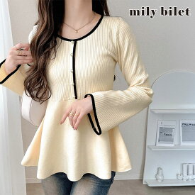【mily bilet】ニット レディース 長袖 トップス 配色パールボタン リブニット ペプラム 上品 フリル 伸縮性 リブ素材 配色デザイン メリハリ スタイルアップ フィット感 オンオフ ベーシックカラー ガーリー 大きいサイズ 秋 冬 2025aw クラシカルエルフ mi1359031