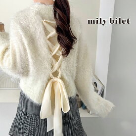【mily bilet】トップス ニット レディース 秋冬 プルオーバー バッグリボン レースアップ 衿レース シャギーニット コンパクト クロップド丈 甘辛 カジュアル フェミニン 上品 チクチクしにくい 大きいサイズ 秋 冬 2025aw クラシカルエルフ mi1029175