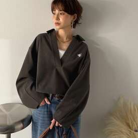【Classical Evon】 ポロニット レディース 長袖 トップス カットソー プルオーバー 圧縮ニット 襟付き キーネック 上品 抜け感 ラフ ボリュームスリーブ 裾ドロスト 胸刺繍 ゆったりシルエット ハリ感 大きいサイズ 秋 冬 2025aw クラシカルエルフ ev1110143