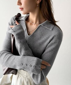 【 クラシカルエルフ classical elf 】 トップス ニット レディース 長袖 万能トップス インナー 衿付き リブニット きちんと感 Vネック 縦ライン スタイルアップ オンオフ スリム見え フェイクボタン オールシーズン 華奢見え 大きいサイズ 秋 冬 2025aw ce1020276