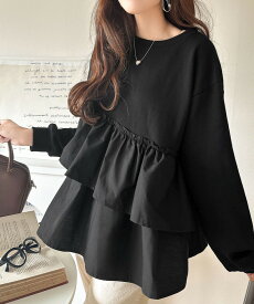 【6/11 23:59まで まとめ買いクーポン2点以上で 10％OFF 】 【 クラシカルエルフ classical elf 】 tシャツ レディース 半袖 アシンメトリー 異素材 切替 ティアード 布帛 フリル 裏毛 プルオーバー 着回し ゆるっと 大きいサイズ 秋 冬 ce1260355