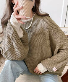 【 2/19まで 衝撃価格 超目玉 セール 4,499円 ⇒ 37%OFF 2,798円 】 《Javaジャバ コラボ》トップス ニット レディース セーター メンズ 重ね着風 ローゲージ クルーネック ボリューム袖 畦編み 配色 暖かい 保温 軽量 大きいサイズ 秋 冬 クラシカルエルフ jv0780005