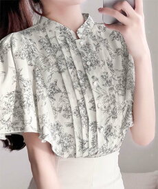 【7/14 23:59まで まとめ買いクーポン2点以上で 5％OFF 】 【mily bilet】 トップス ブラウス オフィス 半袖 レディース きれいめ 花柄 レトロ フロント ピンタック フレアスリーブ ウエストゴムフレア袖 シャツ 大きいサイズ 春 夏 クラシカルエルフ mi1139026