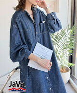 《java ジャバコラボ》 ワンピース レディース 春 シャツワンピース コットン100％ バンドカラー リボン …