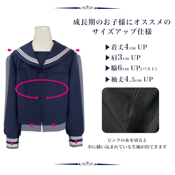 楽天市場 サイズアップ 長袖セーラー服 紺 付属品付 前開きジッパー ウォッシャブル 洗濯可能 ３本線 冬用 高校生 中学生 学生服 ネイビー 女子 女の子 上衣 Ss S M L Ll 3l 4l 大きいサイズ対応 スクールファッション Classroom