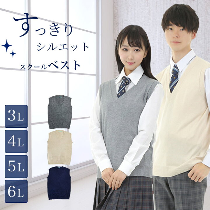 楽天市場 送料無料 綿混 スクールベスト 大きいサイズ対応 3l 4l 5l 6l 男女兼用 薄手 オールシーズン Vネック ニット ベスト 学生 女子高生 女子 男子 高校生 中学生 学校 コットン 紺 ネイビー ベージュ グレー スクールファッション Classroom