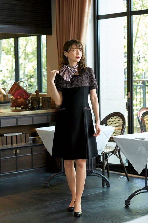 アンジョア 半袖 オフィス 事務服 受付 ユニフォーム 5 15号 ワンピース 制服 黒