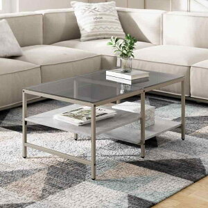 HOMOOI ローテーブル センターテーブル ガラステーブル 二段収納 強化ガラス 収納付き おしゃれ リビング 一人暮らし 幅100×奥行60×高さ45cm 岩グレー