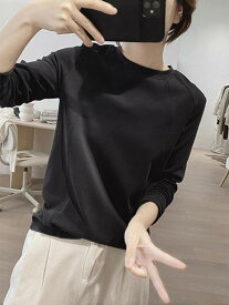 Tシャツ レディース 長袖 春秋 トップス カットソー プリンセススリーブ ゆったり スリム見え おしゃれ かわいい 普段使い コーヒー色 ブラック ホワイト 杏色