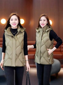 Vests Women's padded shoes Vests Hooded Outerwear Autumn/Winter Polyester Women's Clothing, for Mature Women, Cafe Color, Black