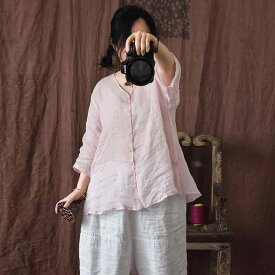 シャツ レディース 7分袖 Vネック カーディガン 薄手 苎麻100% 中袖 リネン カジュアル トップス 婦人服 白 黒 ピンク系 蛍光グリーン2