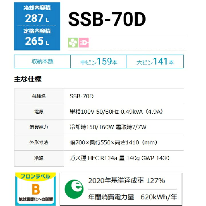 楽天市場】ホシザキ 小形冷蔵ショーケース SSB-70D｜内容積 265L｜単相 
