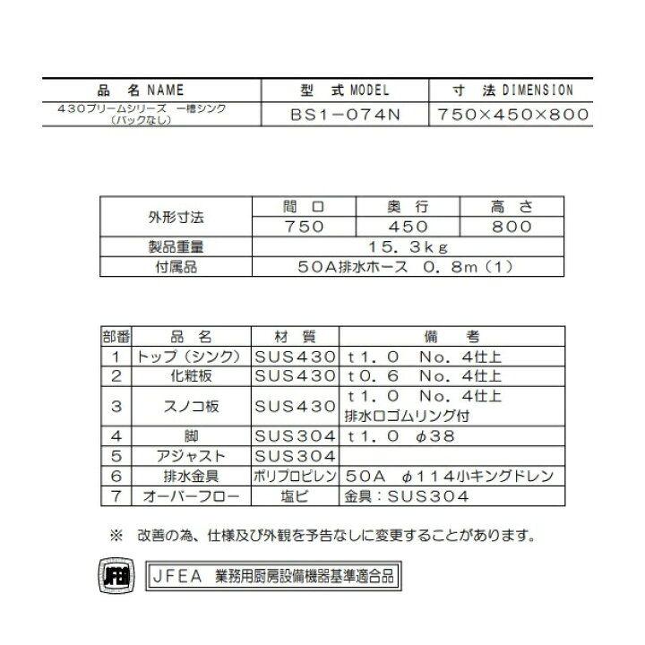 楽天市場】BS1-074N マルゼン 一槽シンク BGなし : 厨房機器販売クリーブランド