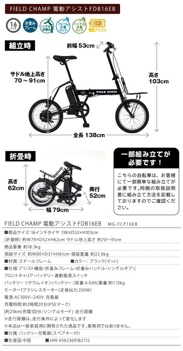 楽天市場】【複数購入で3％OFF】FIELD CHAMP 電動アシストFDB16EB 電動 