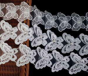 【送料無料】Hymyily 3m(3種類)真珠で飾られた蝶模様刺繍入りレース生地装飾 DIY・裁縫・ギフト包装・カーテン装飾・お人形の衣裳作り・ヘアクリップ作りなどに最適 (ホワイト)