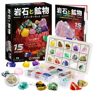 【送料無料】XXTOYS 鉱物標本15種セット 岩石標本&宝石コレクション 天然鉱石付き 鉱石識別チャート付 学習キット 子供向け ギフト