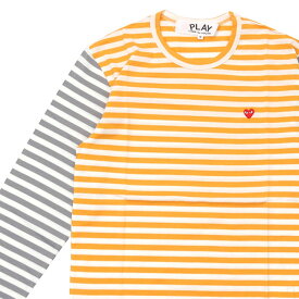 正規品・本物保証 新品 プレイ コムデギャルソン PLAY COMME des GARCONS MENS Small Red Heart Striped L/S T-Shirt 長袖Tシャツ YELLOWxGRAY メンズ TOPS