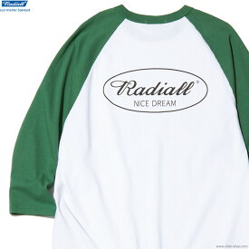 RADIALL ラディアル RADIALL OVAL - CREW NECK RAGLAN SHIRT (GREEN) [RAD-24SS-CUT010] メンズ Tシャツ 7分袖 BB ベースボールT 切替 オーバーサイズ ラグラン