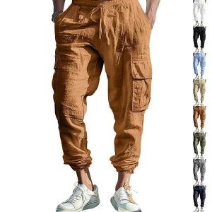 カーゴパンツ メンズ ワークパンツ ゆったり ドローストリング ポケット付き ワイドパンツ ストレート 薄手 綿麻 カジュアルパンツ カーキ ブラック グレー イエロー ネイビー ブルー グリ